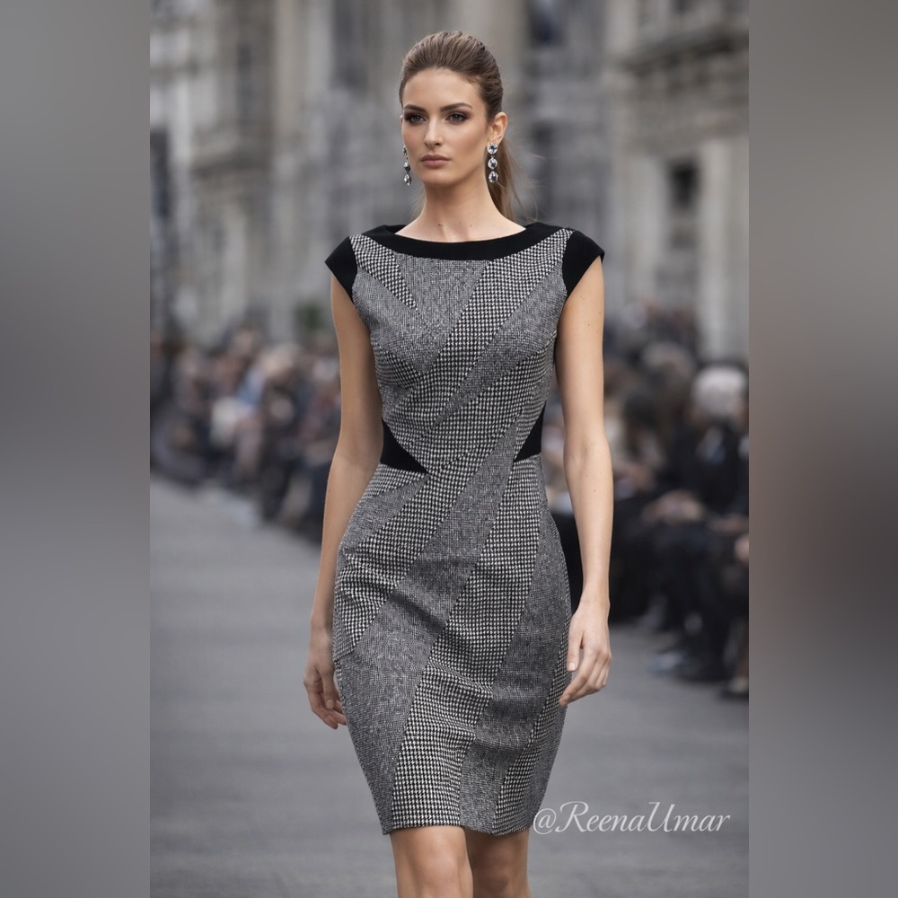 Karen Millen Gray & Black Patterned Sheath Dress – Size 6